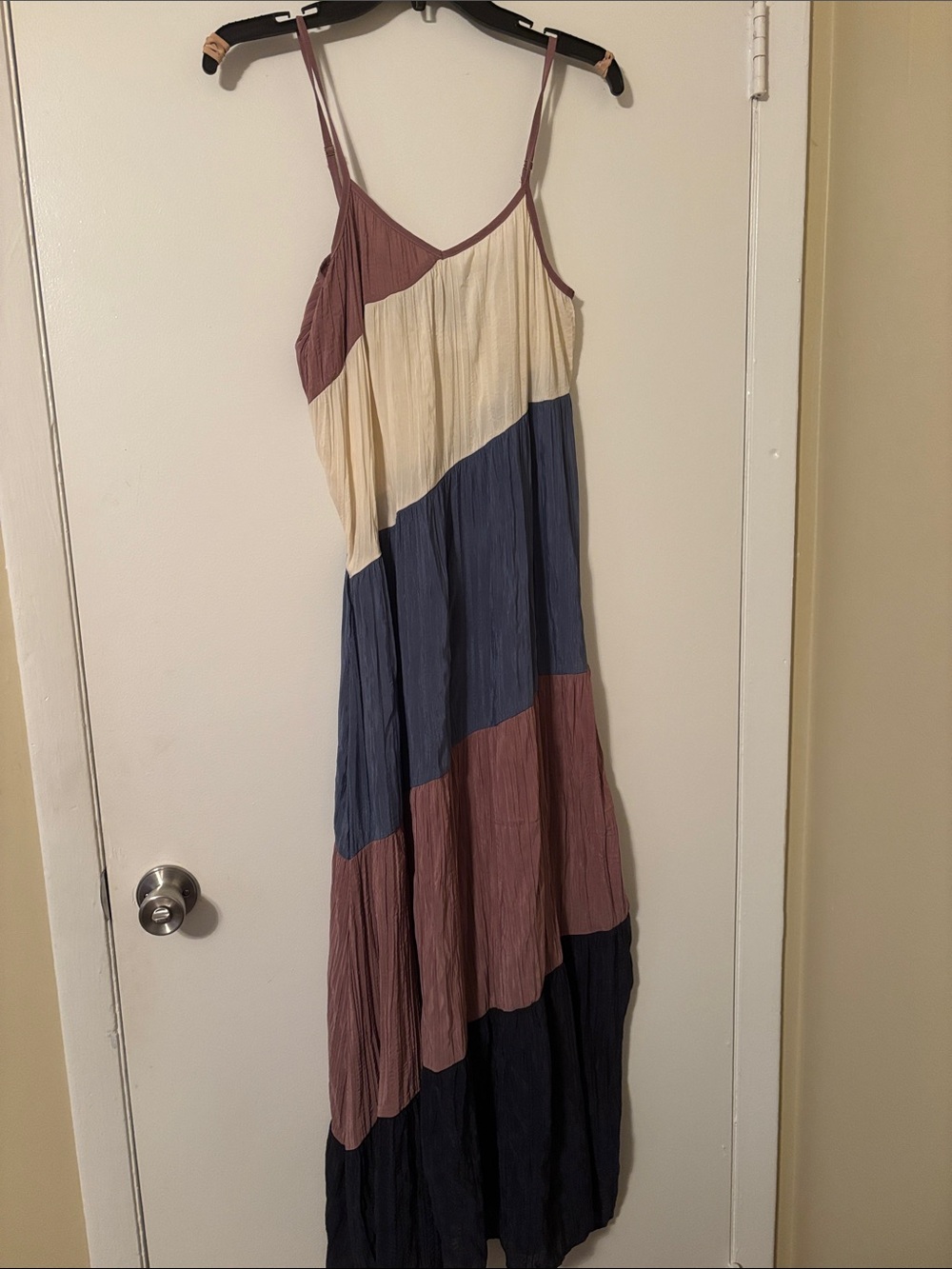 Colorblock Maxi Slip Dress in Mauve, Cream, and Slate Blue